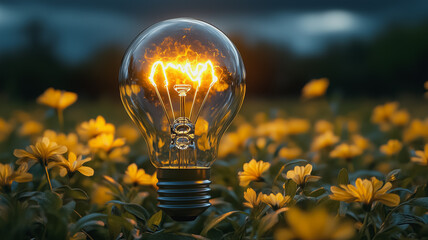 Poster - A light bulb is lit up in a field of yellow flowers