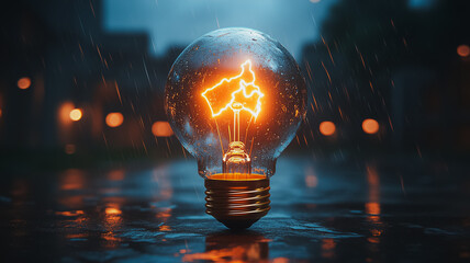 Poster - A light bulb is lit up in a rainy city