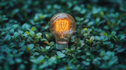 Poster - A light bulb is lit up in a green bush