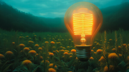 Poster - A light bulb is lit up in a field of yellow flowers