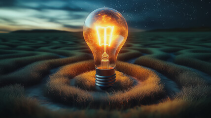 Poster - A light bulb is lit up in a field of grass