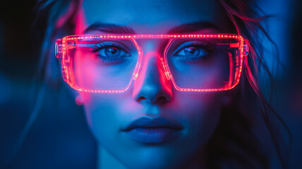 Poster - A woman wearing red glasses with a blue eye. The glasses are glowing in the dark. The woman has a serious expression on her face