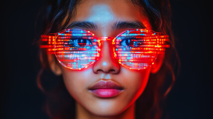 Poster - A woman wearing a pair of red glasses with a black background