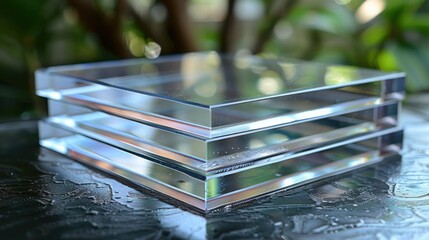 Poster - Three transparent acrylic sheets stacked on a surface, showcasing clarity and design.