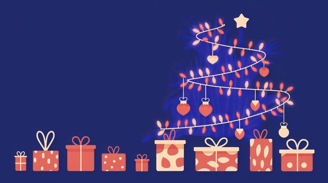 christmas lights on a string with a christmas tree and a blue background using ai generated