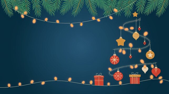 christmas lights on a string with a christmas tree and a blue background using ai generated