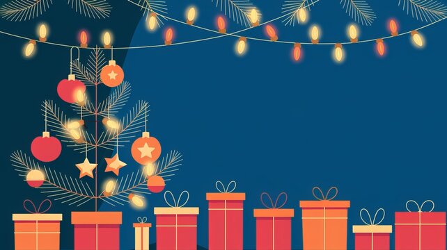 christmas lights on a string with a christmas tree and a blue background using ai generated