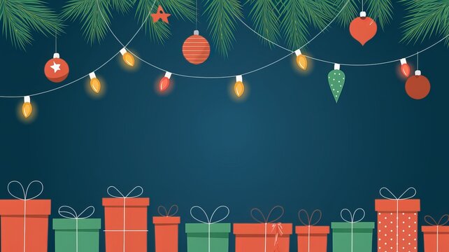 christmas lights on a string with a christmas tree and a blue background using ai generated
