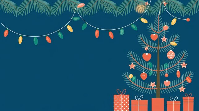 christmas lights on a string with a christmas tree and a blue background using ai generated