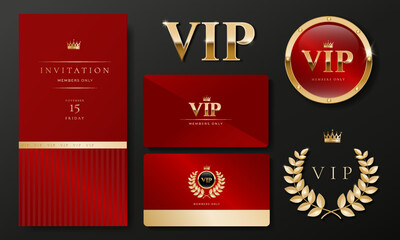 Set of VIP invitation card, flyer with golden elements on red background. Luxury premium design set for event invite, celebration party, formal reception, members cards