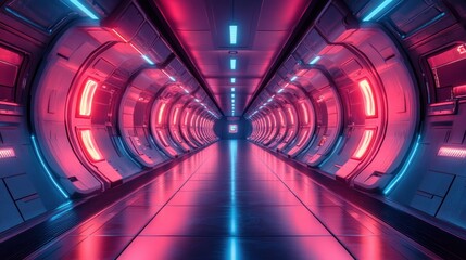 Poster - neon lights futuristic corridor geometric shapes cyberpunk style retro disco virtual space 80s