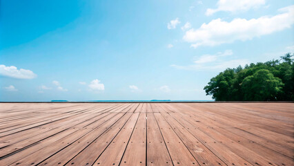 Canvas Print - Tranquil Vista: Wooden Deck overlooking a serene seascape, showcasing a boundless blue sky and lush greenery. Perfect for showcasing products, branding, or evoking a sense of peace and escape. 