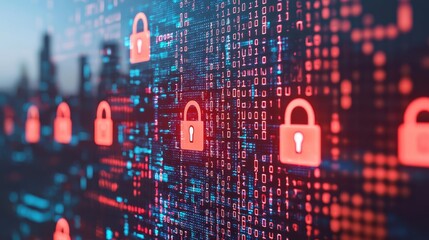 Aufkleber - A digital backdrop featuring padlock icons, symbolizing cybersecurity and data protection amid a network of glowing binary code.