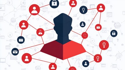 Poster - A network illustration showcasing a central figure connected to various icons representing communication, security, and information sharing.