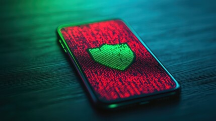 Poster - A smartphone displays a glowing shield symbol on a red background, suggesting themes of security and protection in a digital context.