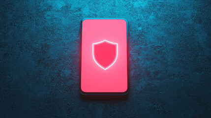 Poster - A smartphone displays a glowing shield icon on a red background, symbolizing security and protection in a digital environment.