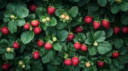 Wall Mural - Ripening red strawberries on lush green leaves, ideal for food and agriculture concepts in advertising, marketing materials, and social media