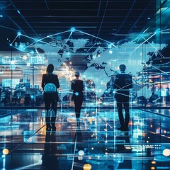 Poster - Exploring Digital Frontiers in a Futuristic Conference Room Filled With Advanced Technology and a Glowing World Map
