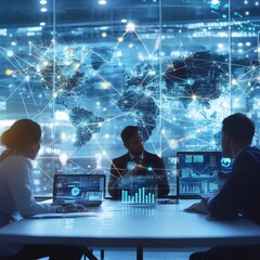 Poster - Global Strategy Meeting in a High-Tech Conference Room With Digital Displays and World Map Projections at Night
