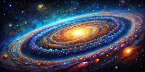 Poster - Deep Space Scene in Stippling Style Featuring a Spiral Galaxy, Glowing Nebula, and Stars in Retro Dotwork Illustration with Noisy Grainy Shading for Food Photography Backgrounds