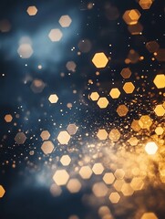 Poster - Sparkling Hexagonal Reflections Dance in an Ethereal Golden Mist Under Soft Blue Lighting, Creating a Mesmerizing Visual Symphony of Texture and Light
