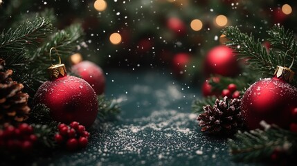 Wall Mural - Red baubles with snow on pine branches and bokeh lights. Christmas decoration concept