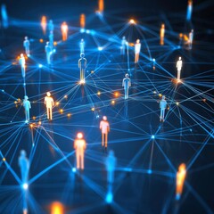 Poster - Connecting Through Technology at Dusk in a Virtual Network of Glowing Figures Immersed in Data Exchanges