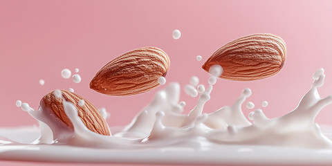 Poster - light brown almonds with milk splashes on a pink background