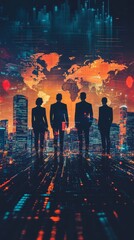 Poster - Silhouetted Figures Stand United Against a Vibrant Skyline, Symbolizing Collaboration in a Digital World Illuminated by a Global Map