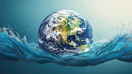 Poster - Planet Earth in a 3D design, encircled by creative water splashes and waves, symbolizing clean water access.
