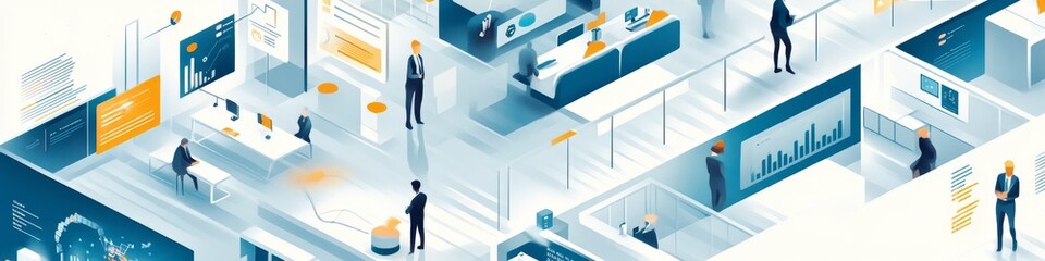 Poster - Modern Workplace Design Showcasing Collaborative Spaces and Advanced Technology in a Vibrant Office Environment