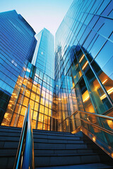 Poster - Modern skyscrapers reflecting sunlight in urban setting