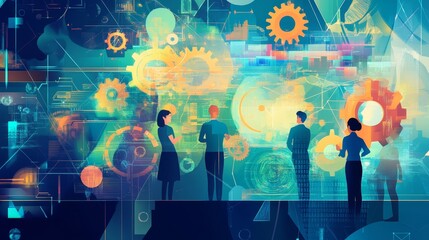 Poster - Exploring Innovative Ideas in a Vibrant Workspace Filled With Gears, Digital Elements, and Collaborative Energy During a Brainstorming Session