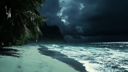 Wall Mural - A Moody Nighttime Beach Scene with Rolling Waves and Dark Clouds