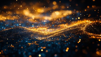 Poster - Sparkling Waves of Golden and Blue Light Create a Mesmerizing Dance Over a Vast Cosmic Backdrop at Twilight, Evoking Feelings of Wonder and Tranquility in a Digital Universe