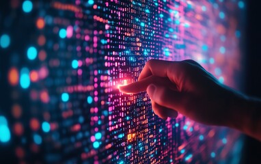 Poster - Human hand pressing against a wall of binary code