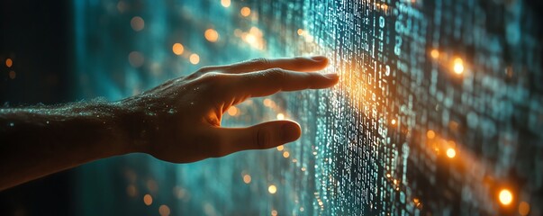 Poster - Human hand reaching into a binary code wall