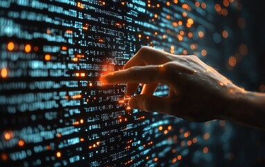 Poster - Human hand pressing against a wall of binary code