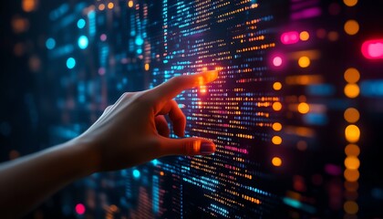 Poster - Human hand touching a wall of glowing binary code