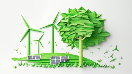 A green tree with solar panels and wind turbines on a pure white background, symbolizing renewable energy in natural settings, Simplified flat paper art illustration of