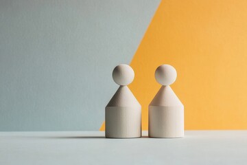 Poster - Two Elegant Wooden Figures Stand Side by Side Against a Bold Backdrop of Soft Gray and Warm Yellow, Radiating a Sense of Connection and Simplicity in Modern Design