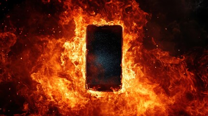 Poster - Smartphone Surrounded by Flames in a Dramatic Fiery Background
