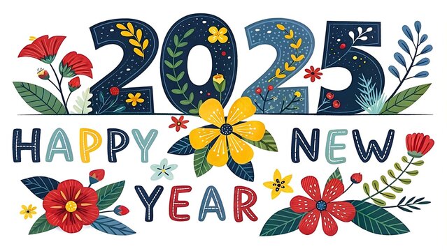 A vibrant and colorful digital illustration featuring the text '2025 HAPPY NEW YEAR' 