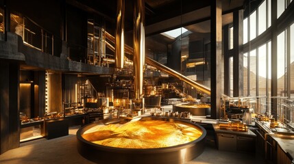 Wall Mural - Gold refining factory with molten gold flowing into molds, large machines, and a panoramic view of the production line in action.