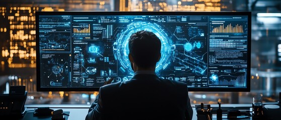 Poster - Business professional interacting with an AIpowered chatbot interface on a computer screen, sleek digital design, realtime customer support, modern office atmosphere