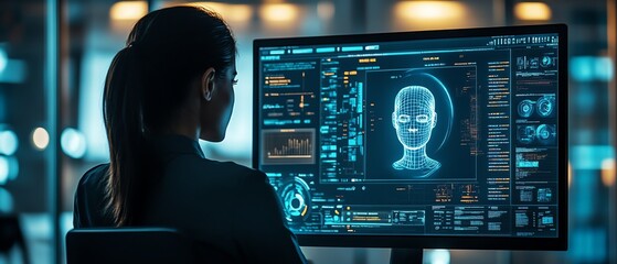 Poster - Business professional interacting with an AIpowered chatbot interface on a computer screen, sleek digital design, realtime customer support, modern office atmosphere