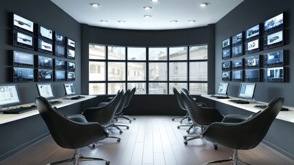 Poster - Modern Control Room with Multiple Screens and Sleek Office Chairs