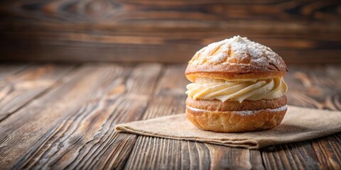 Wall Mural - Cream puff on wooden table with choux pastry filling , dessert, pastry, cream, sweet, delicious, bakery, homemade, fresh, gourmet