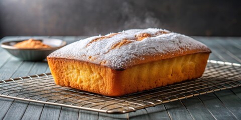 Sticker - Whole pound cake dusted with powdered sugar on a cooling rack , pound cake, dessert, sweet, homemade, baked, indulgence