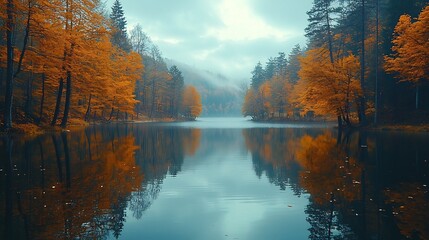 Wall Mural - Peaceful Autumn Lake Surrounded by Vibrant Foliage Reflecting on Serene Waters